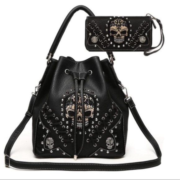 Set of 2 Bucket Bag and Wallet  Skull Punk Art Rivet Studded Vegan Leather - Picture 1 of 6